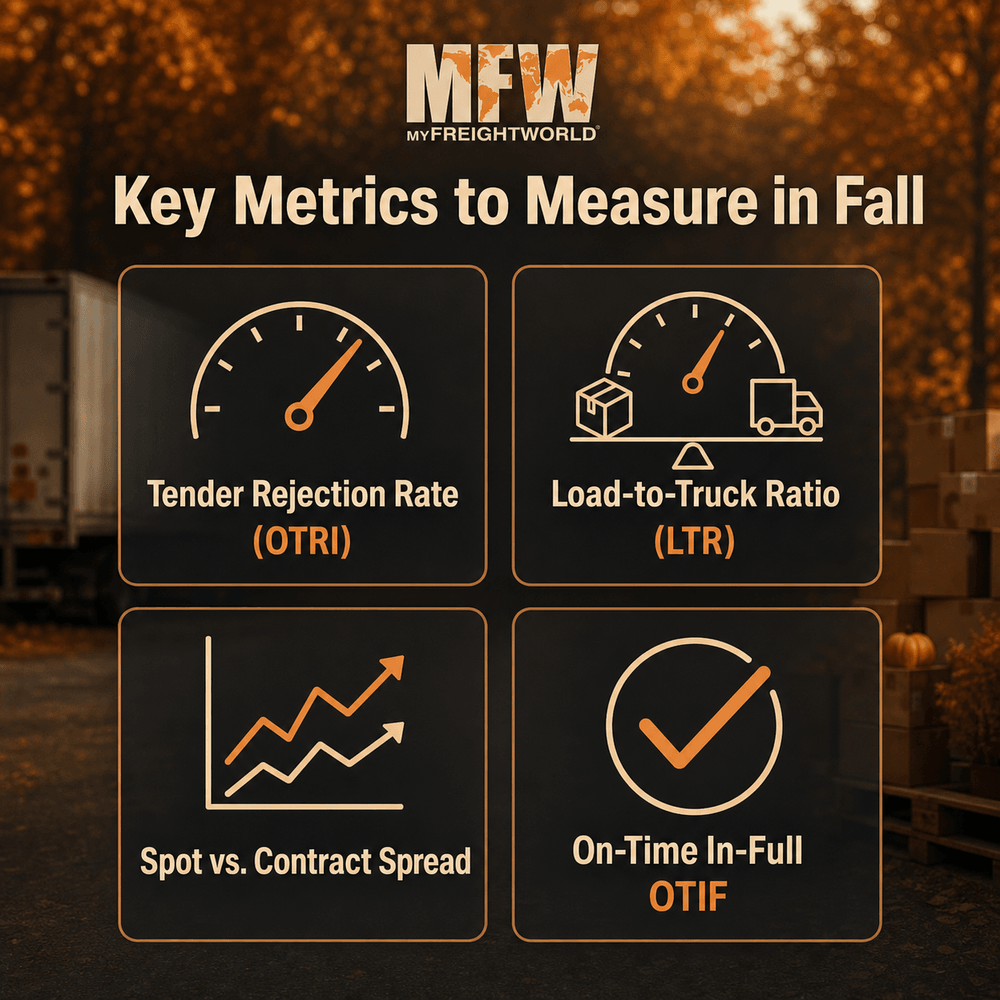Infographic titled “Key Metrics to Monitor in Fall,” designed in Port TMS branding with a light blue background and bold orange-blue accents. Four boxes are arranged in a 2×2 dashboard grid: Top left shows Tender Rejection Rate (OTRI) with an upward arrow icon, top right shows Load-to-Truck Ratio (LTR) with a truck/load icon, bottom left shows Spot vs Contract Spread with dual bar lines, and bottom right shows OTIF (On-Time In-Full) with a compliance checklist icon.