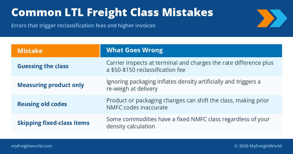 Table of common LTL freight class mistakes and consequences including reclassification and re-weigh fees